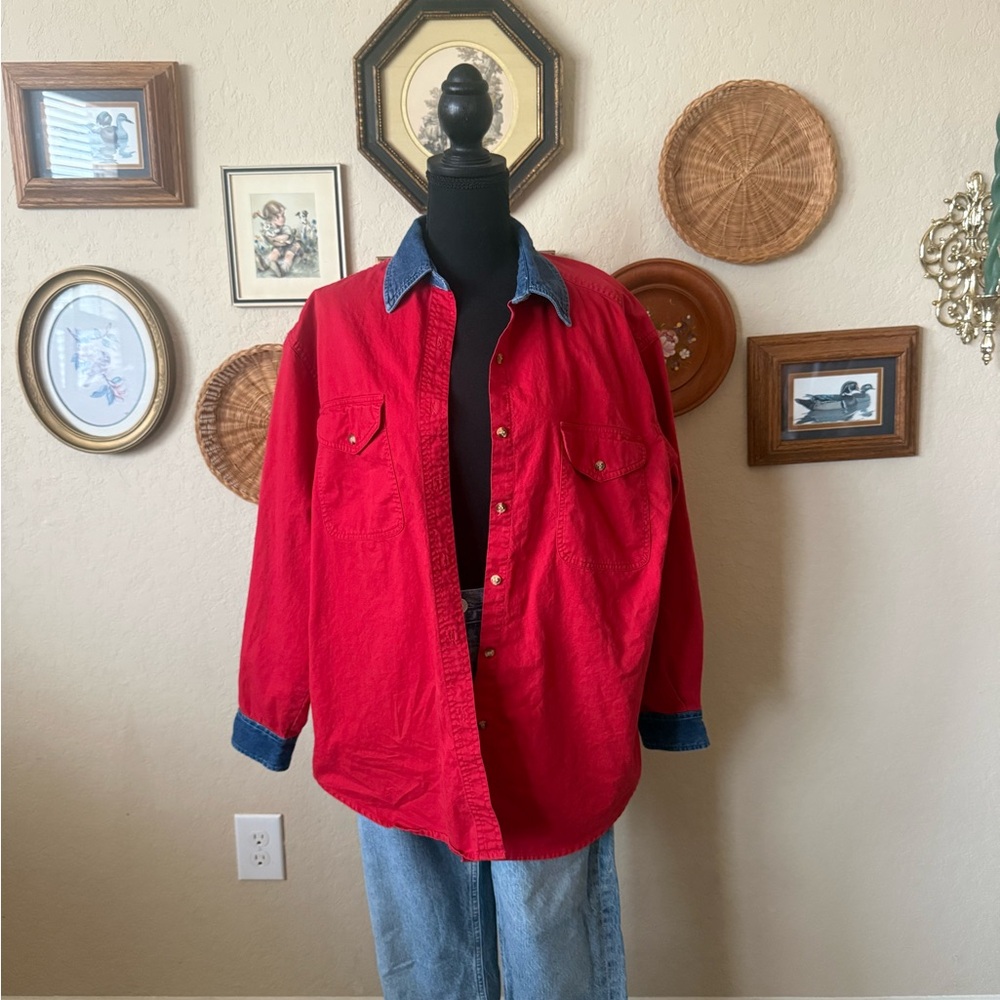 Copper Key Vibrant Red Shirt Jacket with Blue Denim Trim